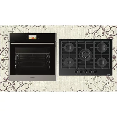 Gorenje BOP799S51X+GTW751UB Beépíthető pirolitikus sütő-75 cm széles fekete gázfőzőlap szett, WOk égő, 90 recept
